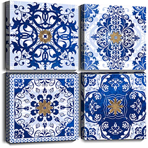 Merrleem Mandala-Wandkunst, abstraktes blaues Blumenmuster, Leinwanddruck, Gemälde, Boho-Bild, Kunstwerk für Schlafzimmer, Badezimmer, Wohnzimmer, Dekoration (30,5 x 30,5 x 4 Stück) Cover