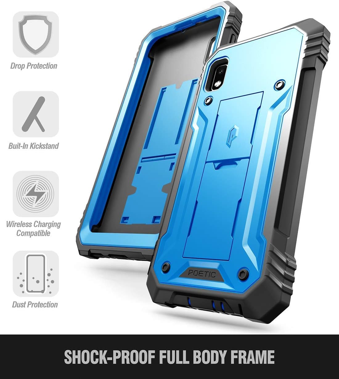 Galaxy A10E Rugged Case with Kickstand, Poetic Full-Body Dual-Layer Shockproof Protective Cover, Built-in-Screen Protector, Revolution Series, Defender Case for Samsung Galaxy A10E, Blue
