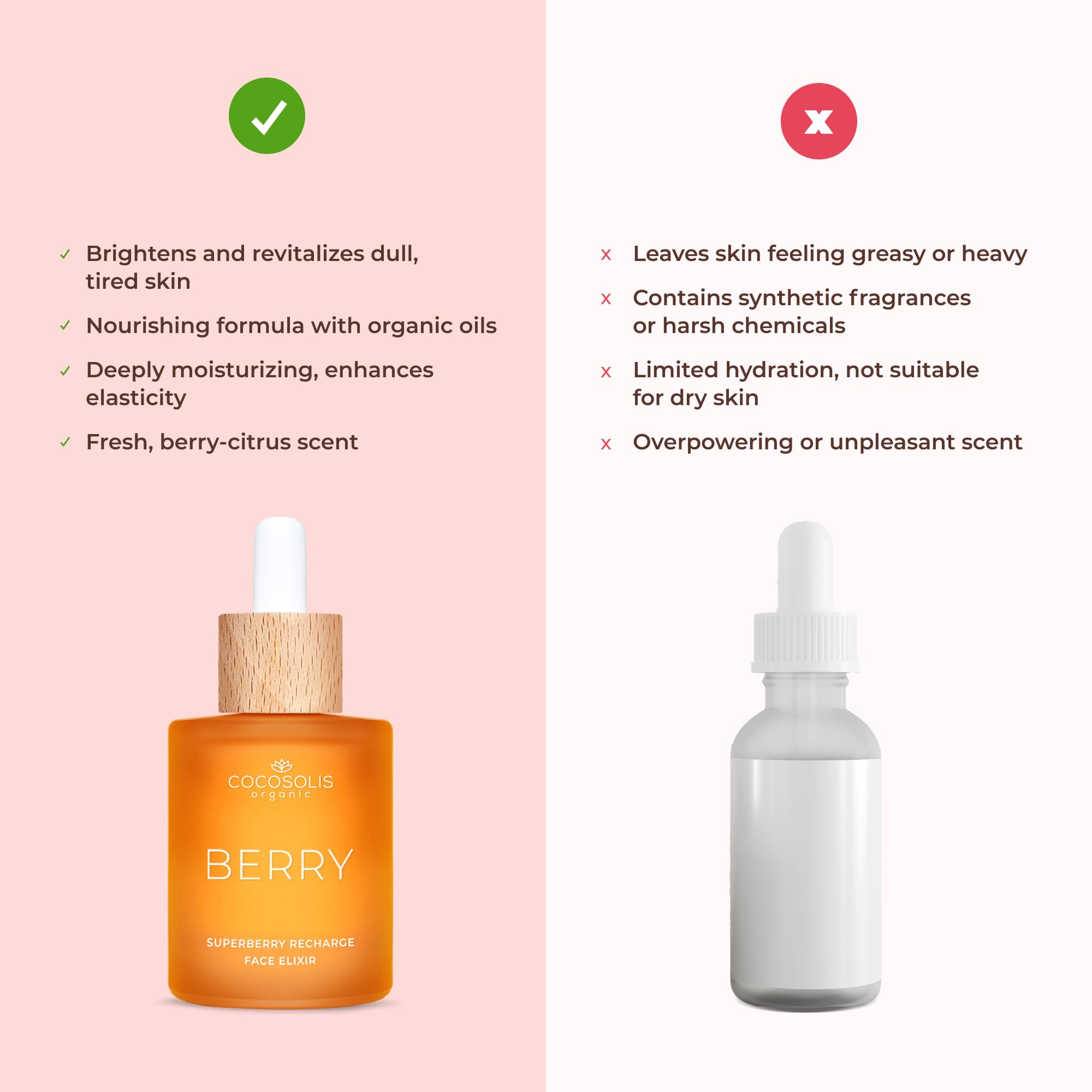 COCOSOLIS Berry Superberry Recharge Face Elixir, eliksir do twarzy z olejkami organicznymi, wegańska odżywcza pielęgnacja na dzień z witaminą E i olejkami aktywowanymi enzymami
