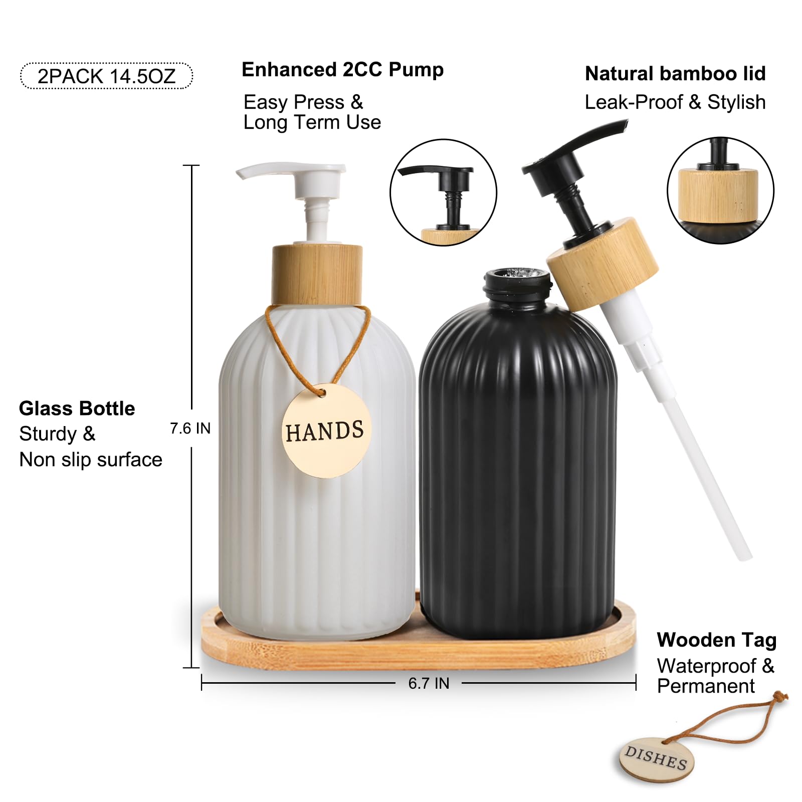 Dispenser di sapone per le mani in vetro con pompa in bambù, elegante dispenser di sapone liquido ricaricabile con vassoio, perfetto per cucina e bagno