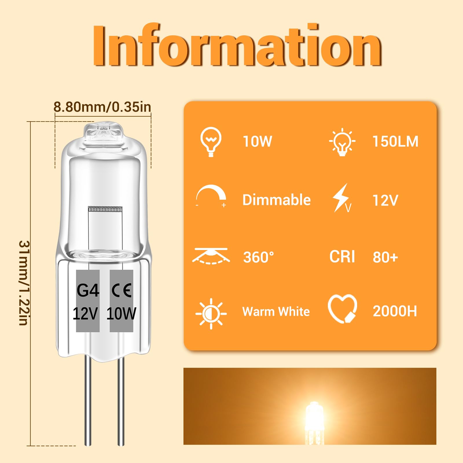 Liuyife G4 10W Halogen Light Bulbs Dimmable 12V, 2700K Warm White, 150LM - Image 2