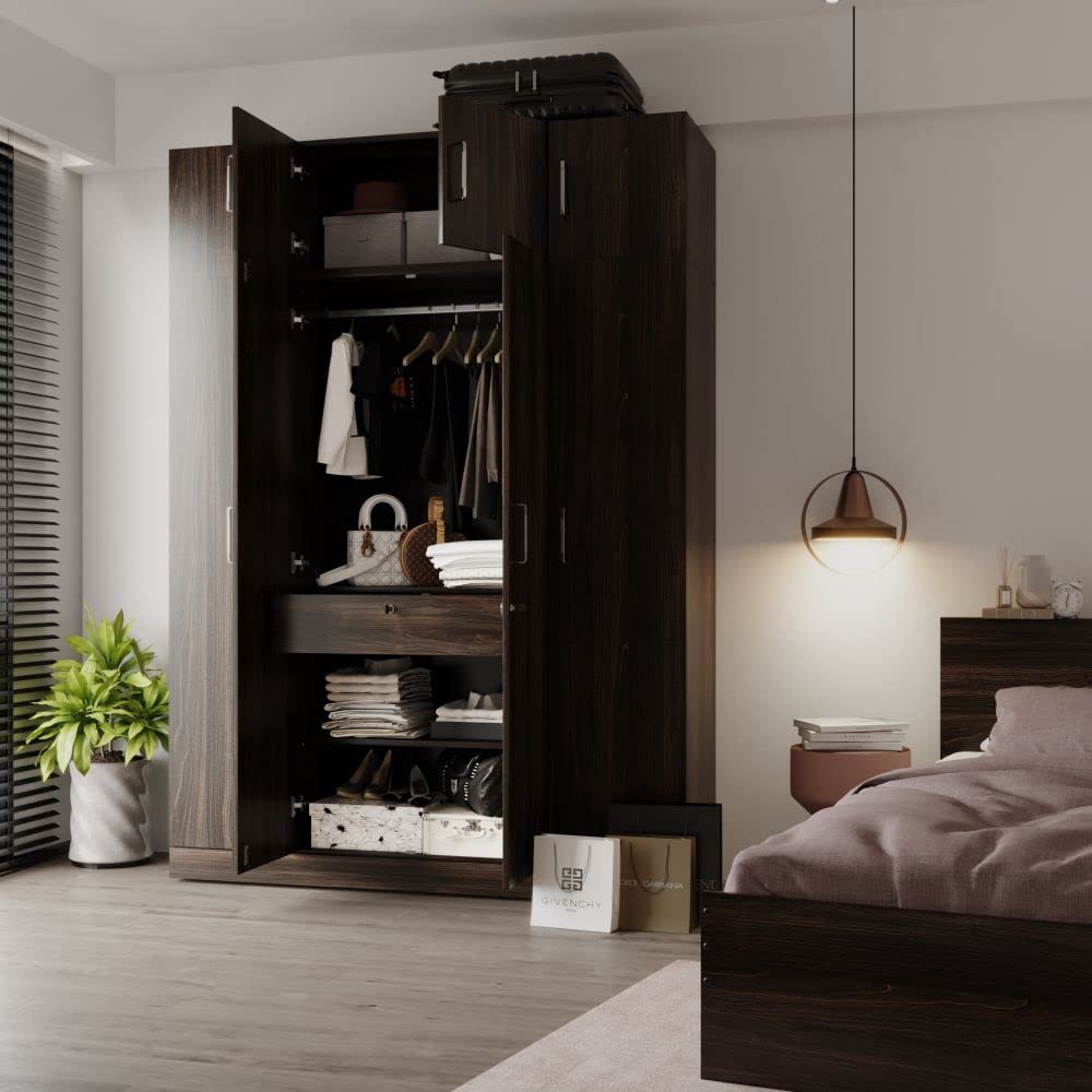 Wakefit Wardrobe | 1 Year Warranty | Engineered Wood Almirah, Cupboard for Clothes Storage | 4 Door, 1 Drawer, 1 Hanging Space | Gingham - Dark Brown