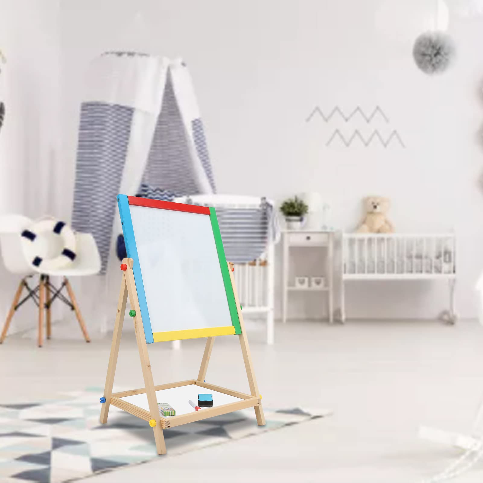 AMONIDA Tavolo da Disegno Multifunzionale in Legno a Doppia Faccia con Cavalletto Artistico per Giochi Creativi per Bambini Dai 3 Ai 12 Anni