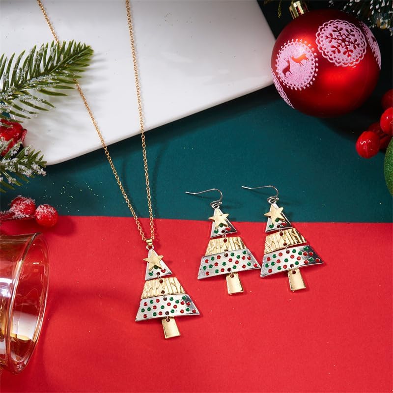 Christmas Tree Necklace Earring Set for Women Red Green Layered Christmas Tree Pendant Necklace Fashion Layered Xmas Dangle Drop Earrings Xmas Holiday Set Christmas Holiday Winter Party Jewelry - Image 2