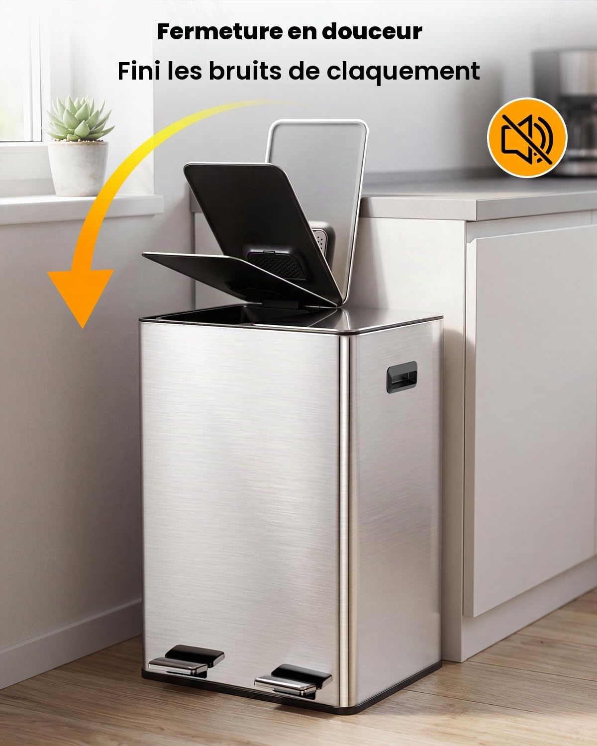 YEAUPE PRO Poubelle Cuisine 40L 2x20L, Système Tri Déchets Recyclage à Pédale 2 Bacs, Acier Inoxydable, Seaux Amovibles, Anti-Odeurs, Couvercle Soft Close, 15 Sacs Inclus, pour Cuisine Maison Bureau