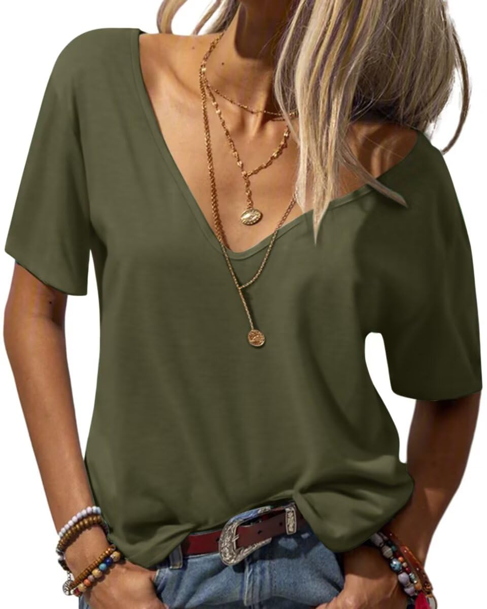 Eachyes Womens Deep V Neck T Shirts Casual Short Sleeve Loose Fit Basic Fashion Tee Tops