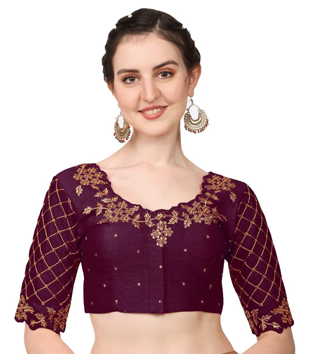 Pujia Mills women's embroidery handwork, rough cut work stone work readymade blouse