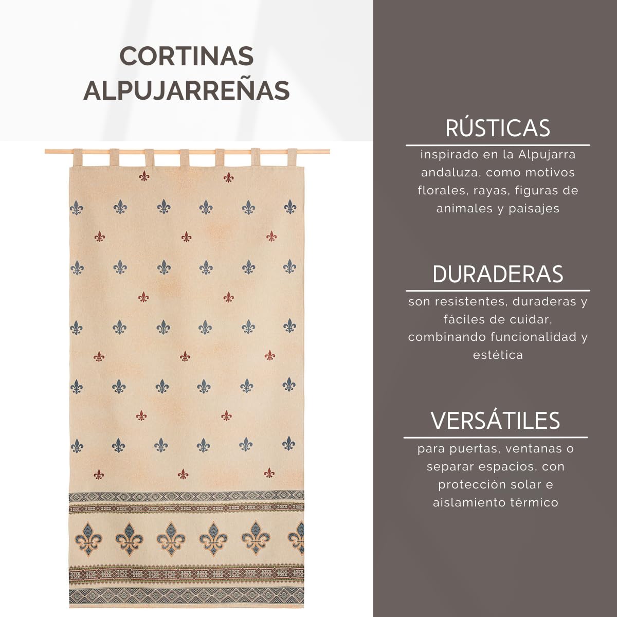 Tenda alpujarreña con passanti FLOR DE LIS N. 52 da 140 x 260 cm, tessuto jacquard, di facile manutenzione e resistente. Con passanti. Design rustico. Tenda per porta esterna