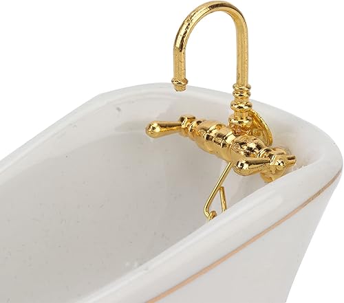 Miniatura 9 de 1:12 Juego de baño de casa de muñecas, juguetes de muebles en miniatura de cerámica retro blanca, juego de cepillo de espejo para lavabo de bañera