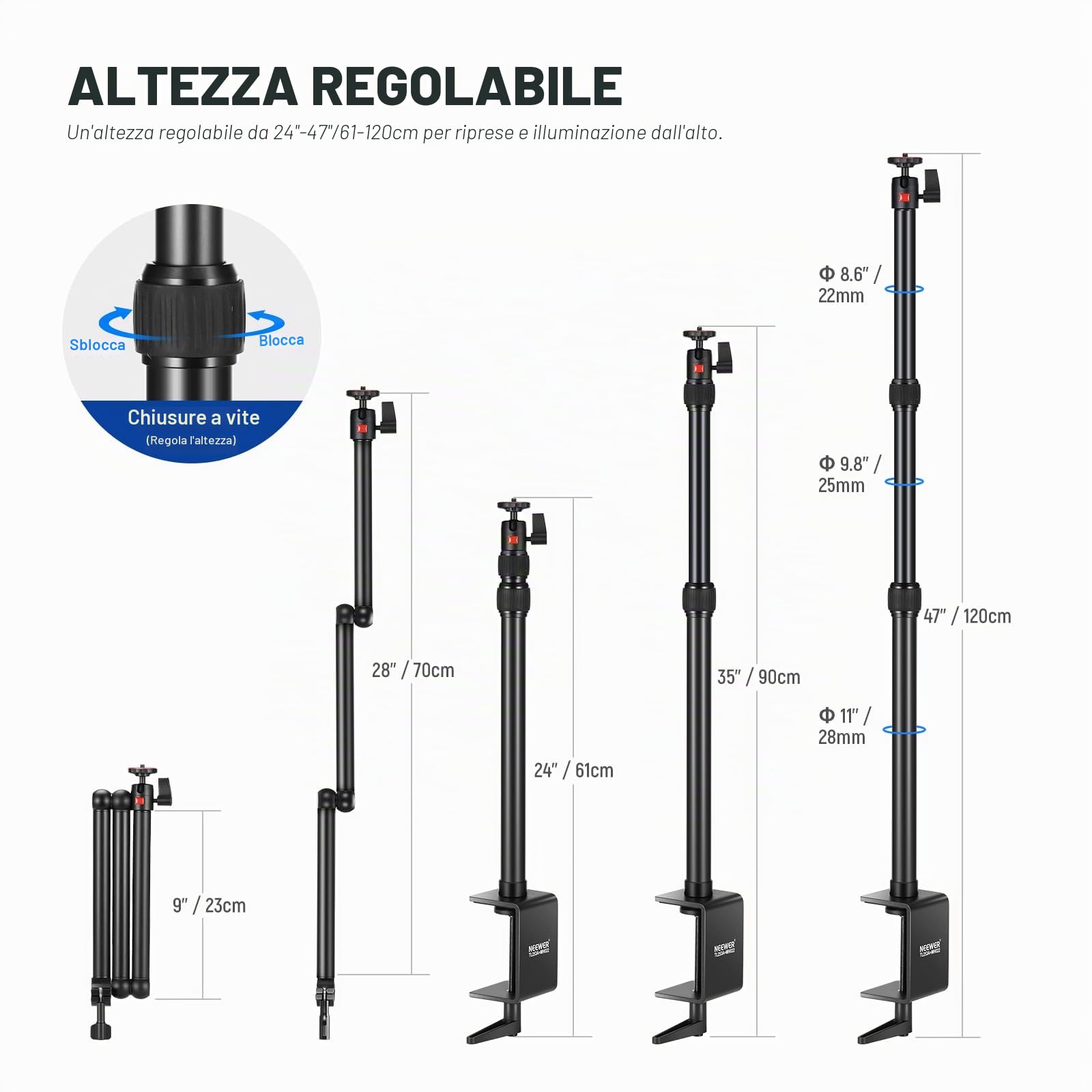 NEEWER Supporto Fotocamera da Alto Aggiornato+Braccio Fotocamera Ripieghevole(Max 2lb),1.2m Supporto Tavolo Telescopico (Max 8,8lb) con Portatelefono Testa Sfera per Luce LED Webcam Mic,TL253A+MH022