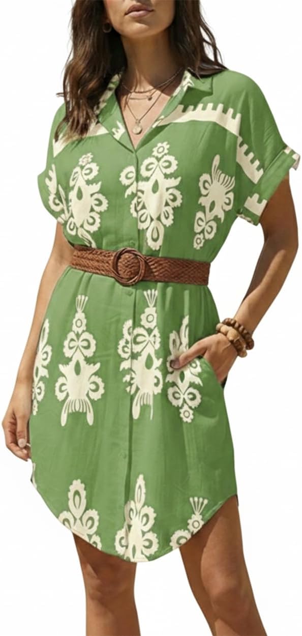 CHICME Women's Casual Shirt Dress with Pockets Button Down Loose Short Sleeve Summer Dresses for Women Vacation Cover Up