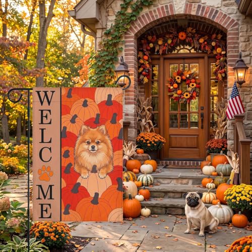 Image of Pomeranian Flag for Yard Outdoor, Pumpkins Fall Decor