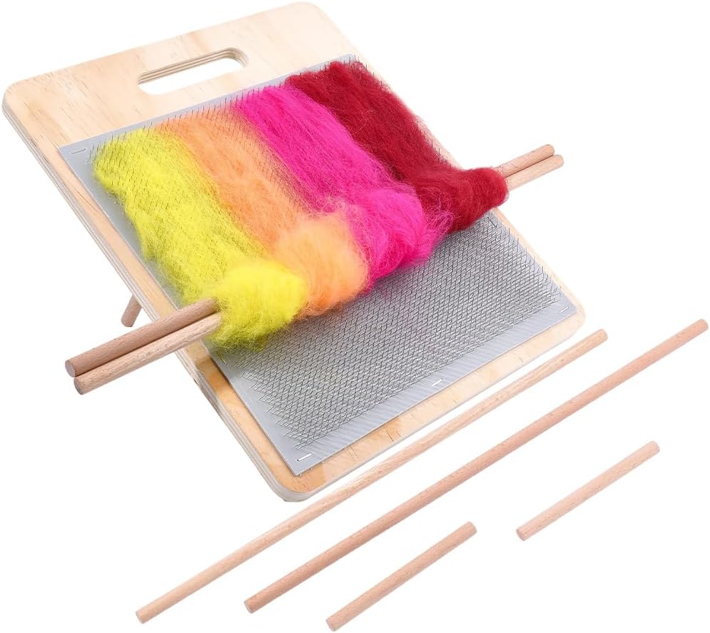 Wool Blending Carding Board with Wooden Sticks Comb Needle Felting Large Carbon Fiber Steel Wool Blending Felted Hand Carder Board Set for Mix Colors Felt Needle Spinning DIY Crafts Supply