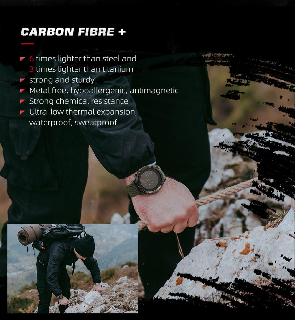 Uomo Sport all'aperto Orologio digitale con cassa in fibra di carbonio retroilluminazione a LED 50M impermeabile orologio tattico Orologi militari Bussola intelligente orologio da polso