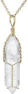 JADENOVA Full Wire Wrapped Energy Healing Crystal Gemstone Pendant Necklace 18" Stainless Steel Chain