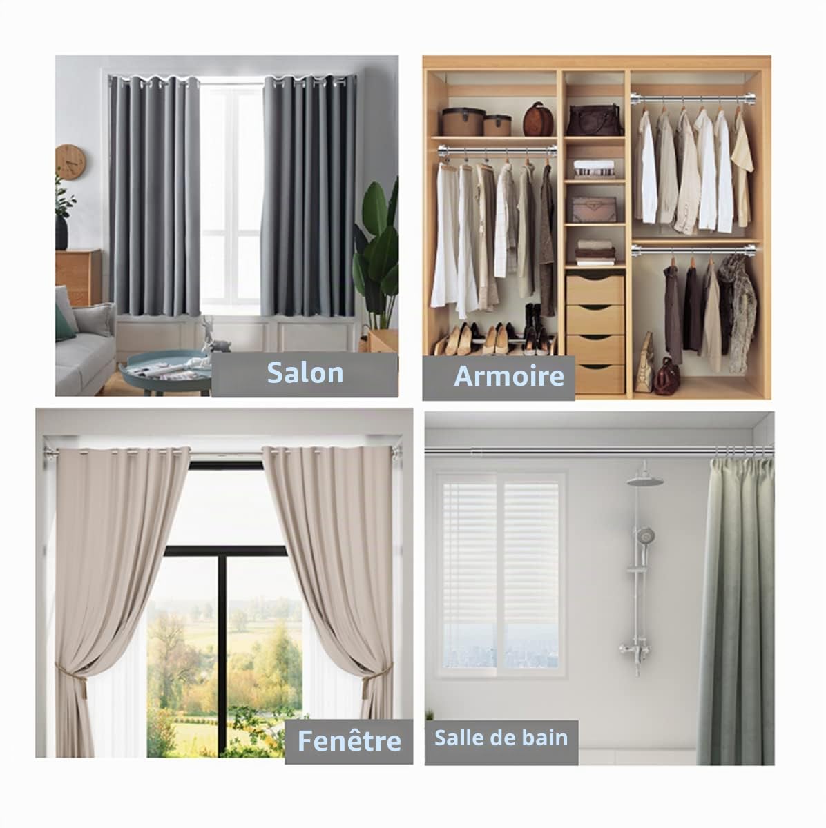 Tringle Extensible pour Rideau de Douche 105-170CM, Acier Inoxydable Barre Télescopique pour Rideau, Vêtement, Salle de Bains, Fenêtres ou Portes