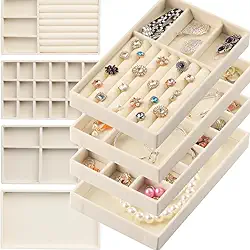 Kit 6 Bandejas Para Jóias Bijuterias Organizadores de Gaveta Com Divisorias Veludo Pu (Bege)