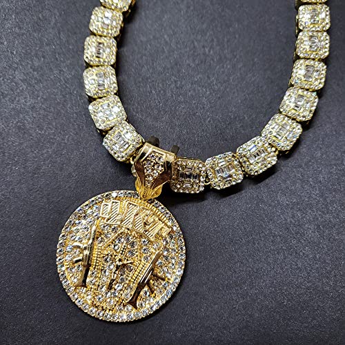 Gold Plated 4KT Medal Pendant & 12mm 16" 18" 20" Iced Baguette Choker Chain Hip Hop Jewelry Necklace4