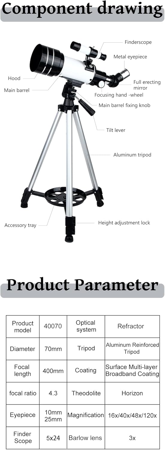 70mm Refractor Telescope for Adults Kids, 400mm & Tripod，White | 70mm Aperture, 400mm(f/5.7) Focal Length, Fully Multi-Coated Optics, 3x Barlow Lens, Phone Adapter & Wireless Remote