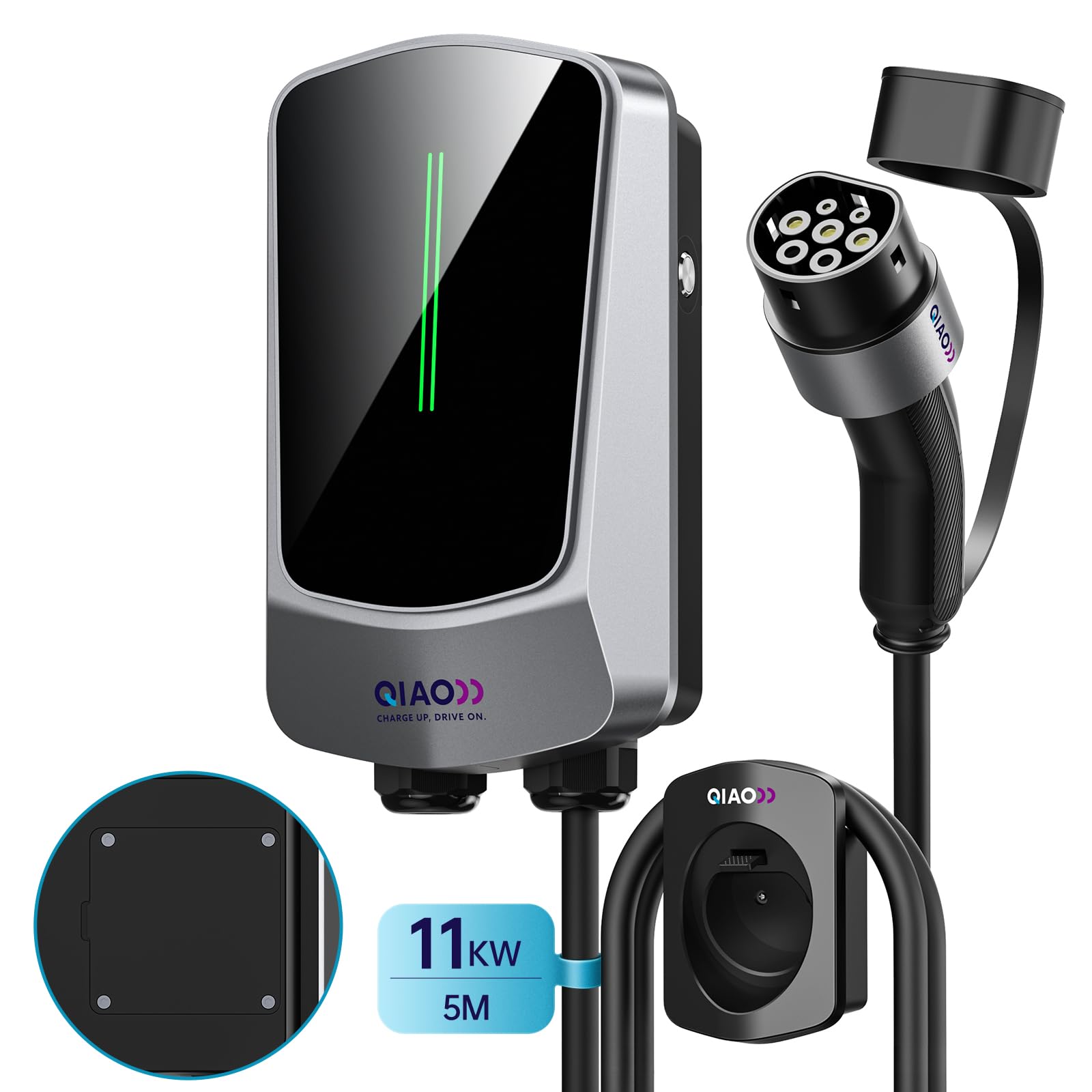 QIAO)) Wallbox 11kW – 3-phasig 16A 400V Typ 2 EV-Ladegerät mit 5m Ladekabel, LED-Anzeige und Kabelhalter –für VW ID.3/4/7, Škoda Elroq/Enyaq, Tesla 3/Y, BMW iX1/iX3, Audi Q4 e-tron, Cupra Born