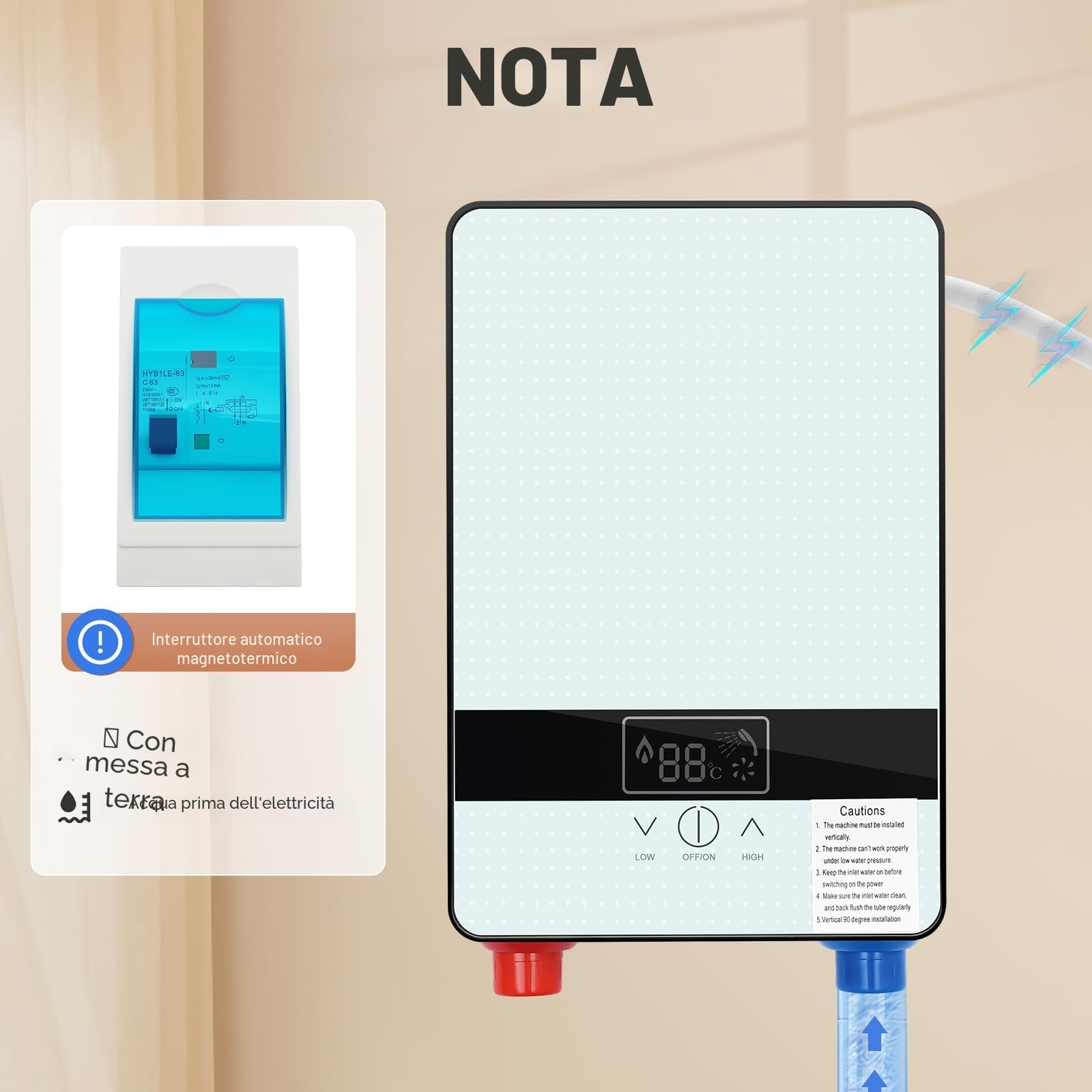Scaldacqua istantanea doccia, scaldacqua elettrico istantaneo, 6500 W Tankless acqua calda istantanea bagno doccia, bagno scaldabagno elettrico 0-55 ℃, 29 × 19 × 6,5 cm
