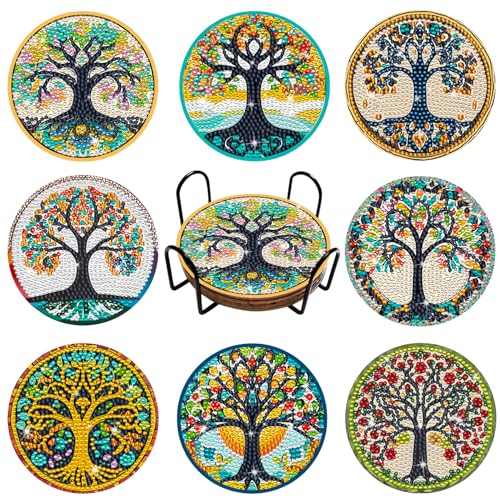 Posavasos de Arbol de la Vida Pintura de Diamantes,8 Piezas DIY Mandala Arte de Manualidades con Soporte,Posavasos para Bebidas,Café y Té de Bar,Kits de Principiantes Adultos Niños