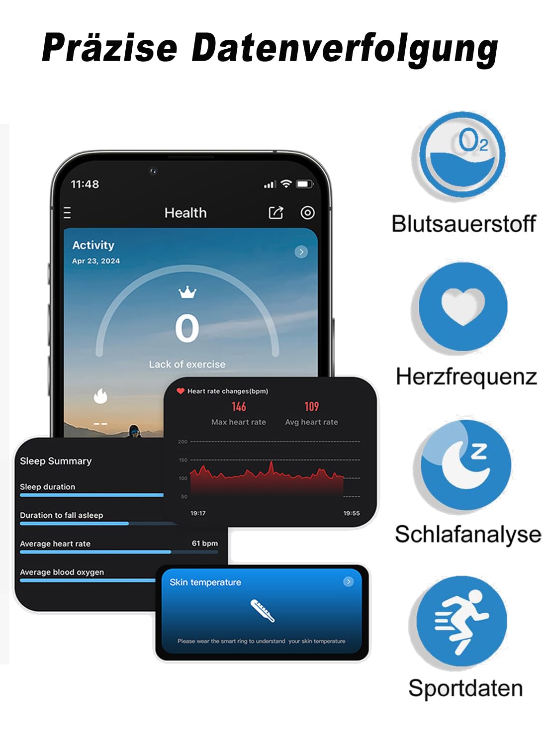 Bague intelligente pour homme et femme - Avec étui de chargement - Étanche 5 ATM - Compatible avec iOS/Android - Pour le sommeil, la fréquence cardiaque, le rappel physiologique