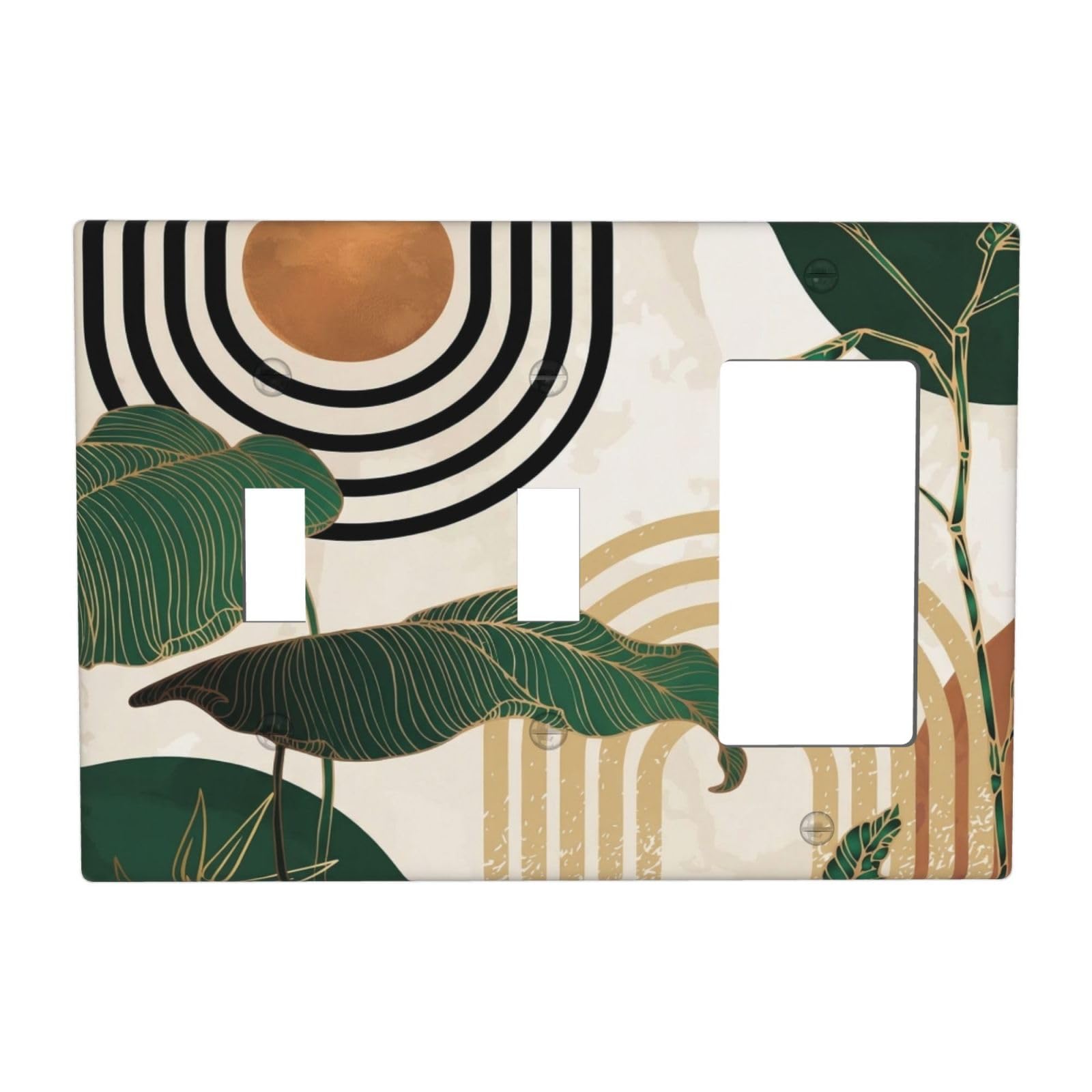 Mid Century Green Boho Sun Leaf 3 Gang 2 Toggle 1 Decorator/GFCI Combination Light Switch Cover Decorative Triple Combo Switch Face Wall Plate Room Decor