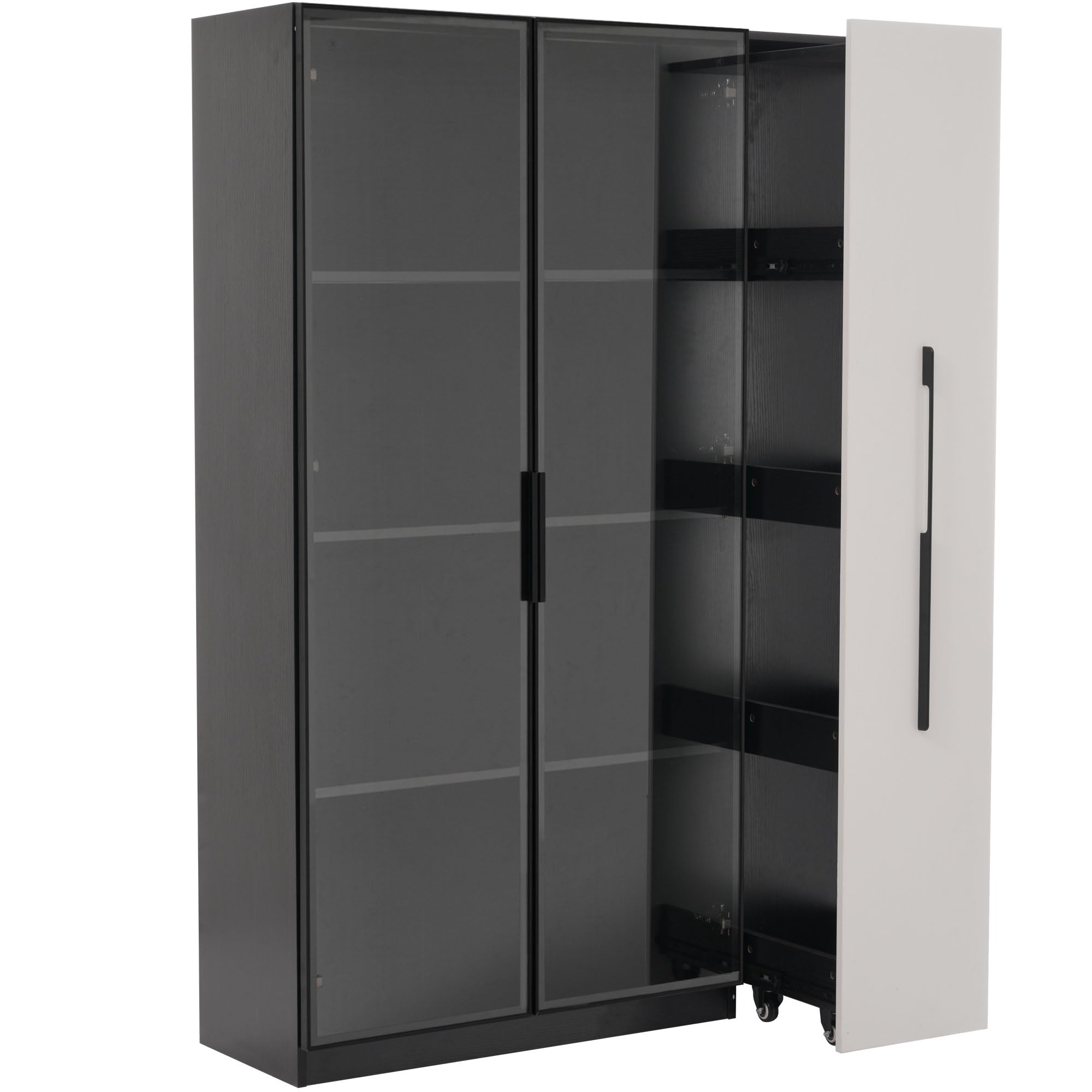 Armadio multifunzione con LED e porta in vetro - 110,5 x 35 x 160 cm - Vetrina con armadio su ruote estensibile - Armadio alto moderno in bianco + nero per soggiorno, ufficio, bagno