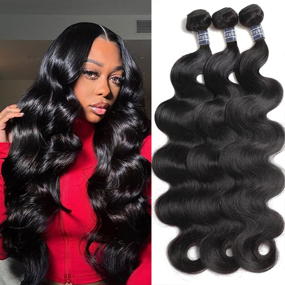 Amella Hair 100% Unprocessed Virgin Brazilian Human Hair Brazilian 22 20 18 inch Body Wave 3 Bundles Hair Extensions Grade 8A Remy Human Hair Bundles Natural Black Color