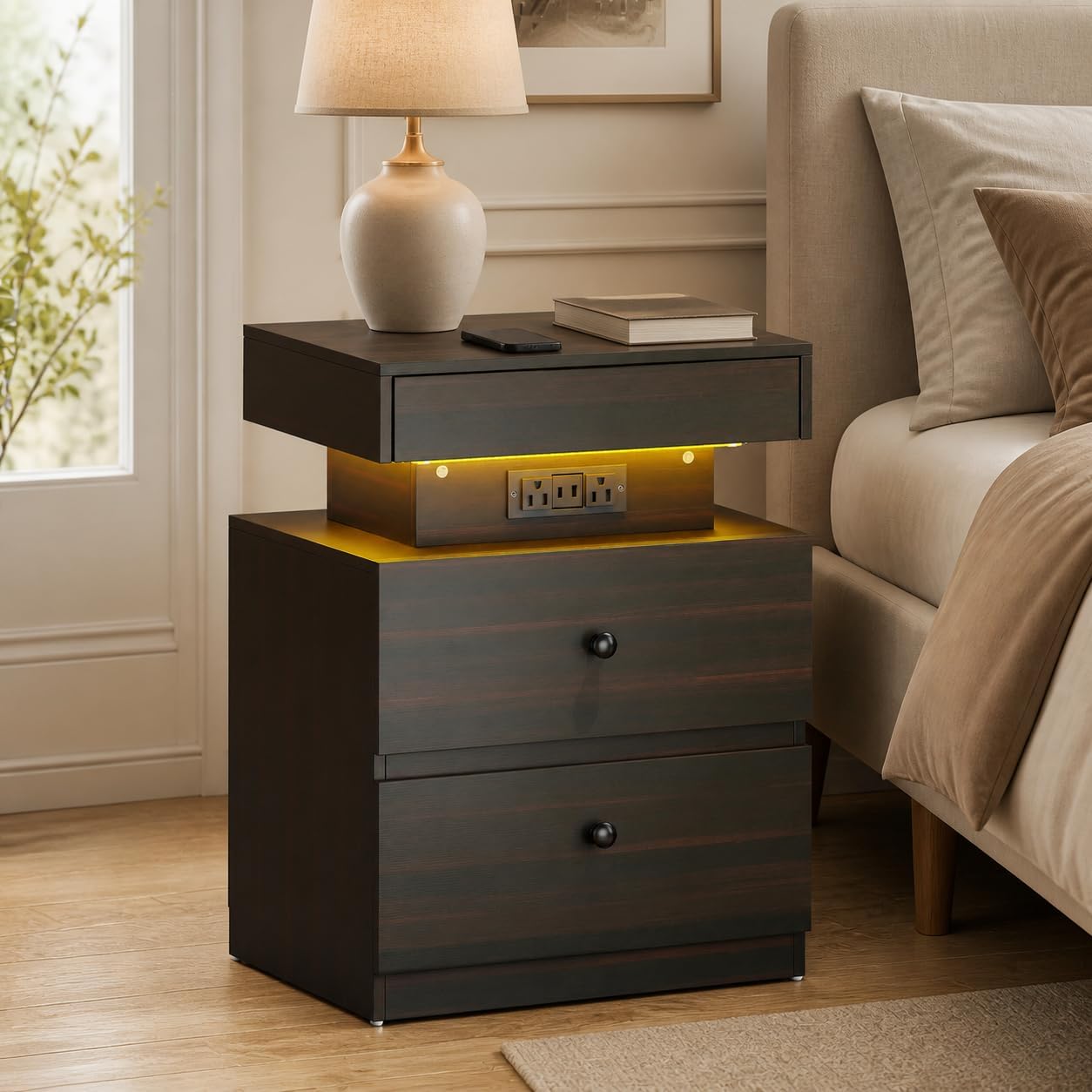 Manora Nightstand with Charging Station, LED Lights and 3 Drawers, Espresso