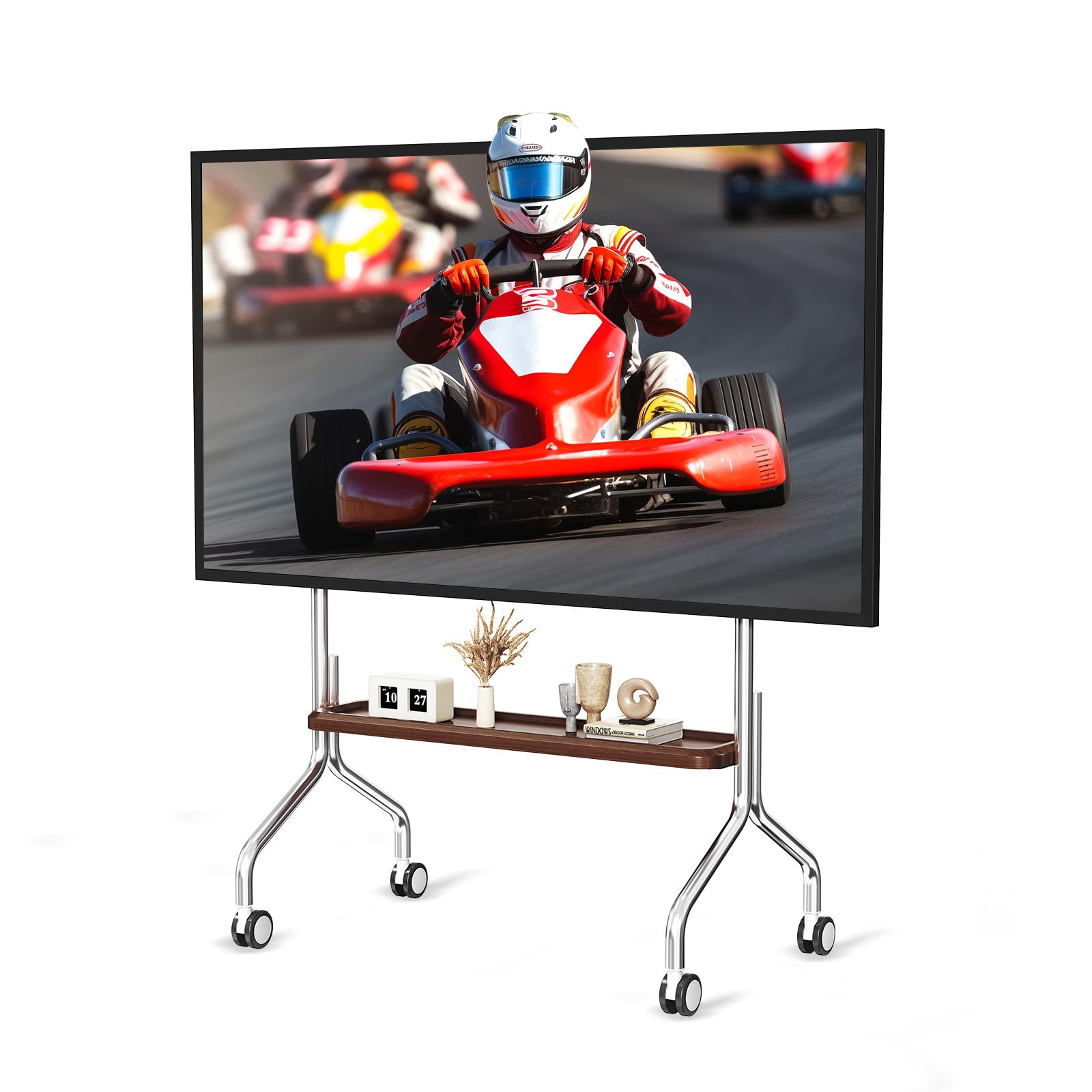 Soporte TV Ruedas para Televisión de 32 a 75 Pulgadas, hasta 50 kg | Con Estante, Tablero Perforado, Giro 360°, Diseño en acero inoxidable, Gestión de Cable, Máx.VESA 600x400mm