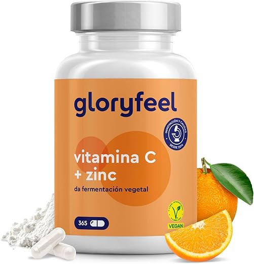 Vitamina C + Zinc - 365 Cápsulas - 1000mg Vitamina C + 20mg Zinc - Apoya el sistema inmunológico y reducen la fatiga - Vitamina C Tamponada con Protección gástrica y pH neutro - 100% vegano