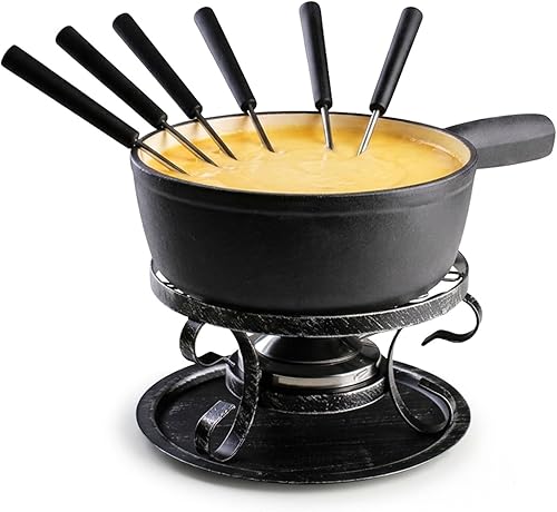 Artestia Juego de ollas de fondue de queso de hierro fundido, juego de fondue de hierro fundido tradicional suizo para carne y chocolate (negro mate)