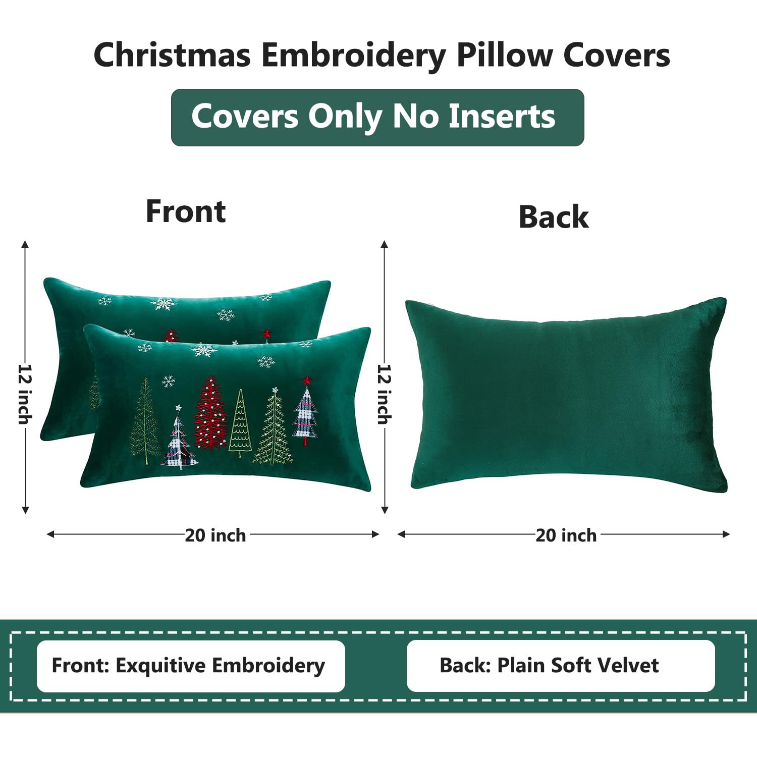 Tosleo Set Di 2 Federe Per Cuscini Natalizi, 50x50 Cm, Verde Scuro Con Albero Di Natale, Morbide, Lavabili In Lavatrice
