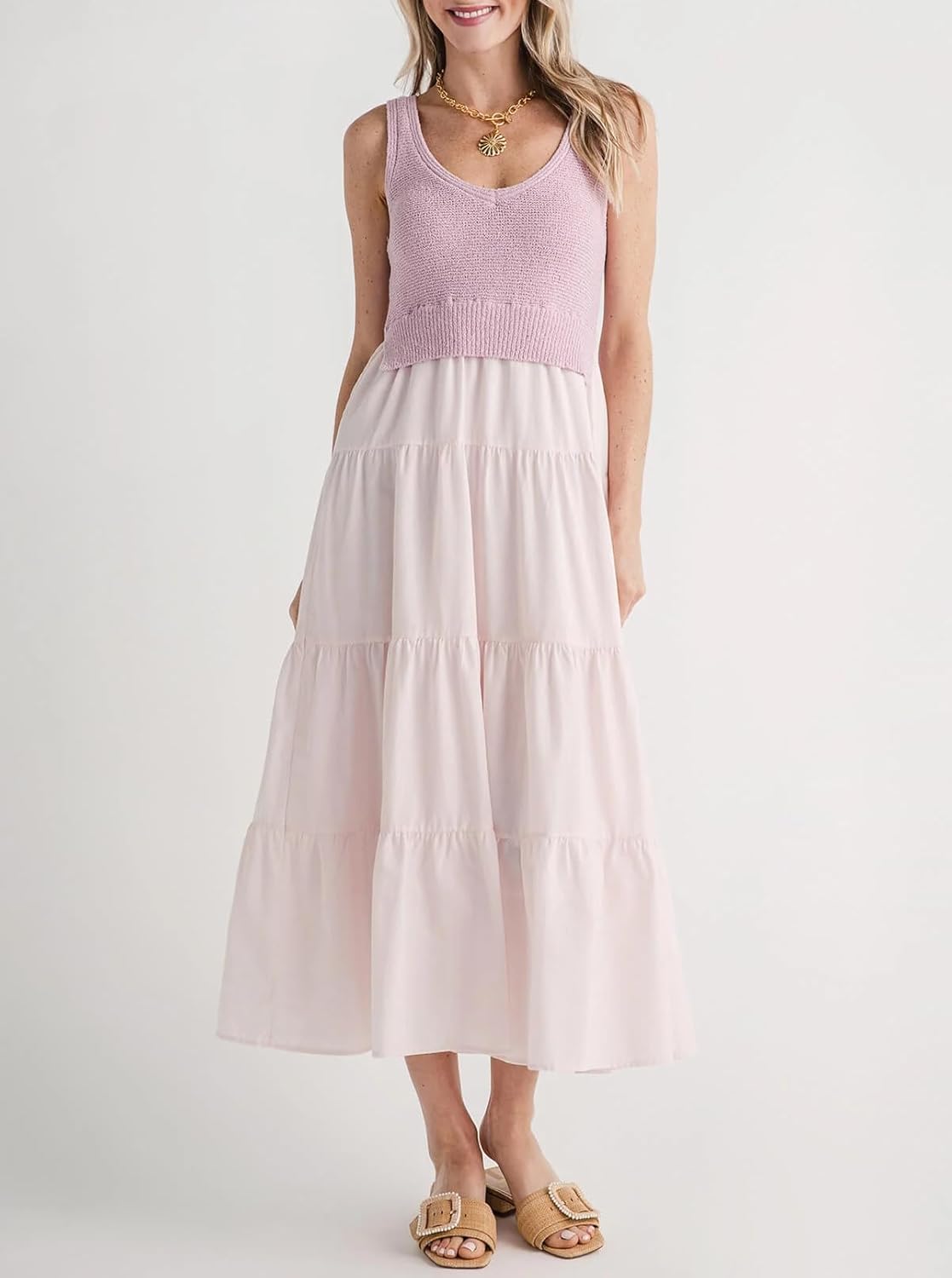 Women's V Neck Sleeveless Midi Dress Patchwork Knit Casual Long Flowy Summer Tank Dress