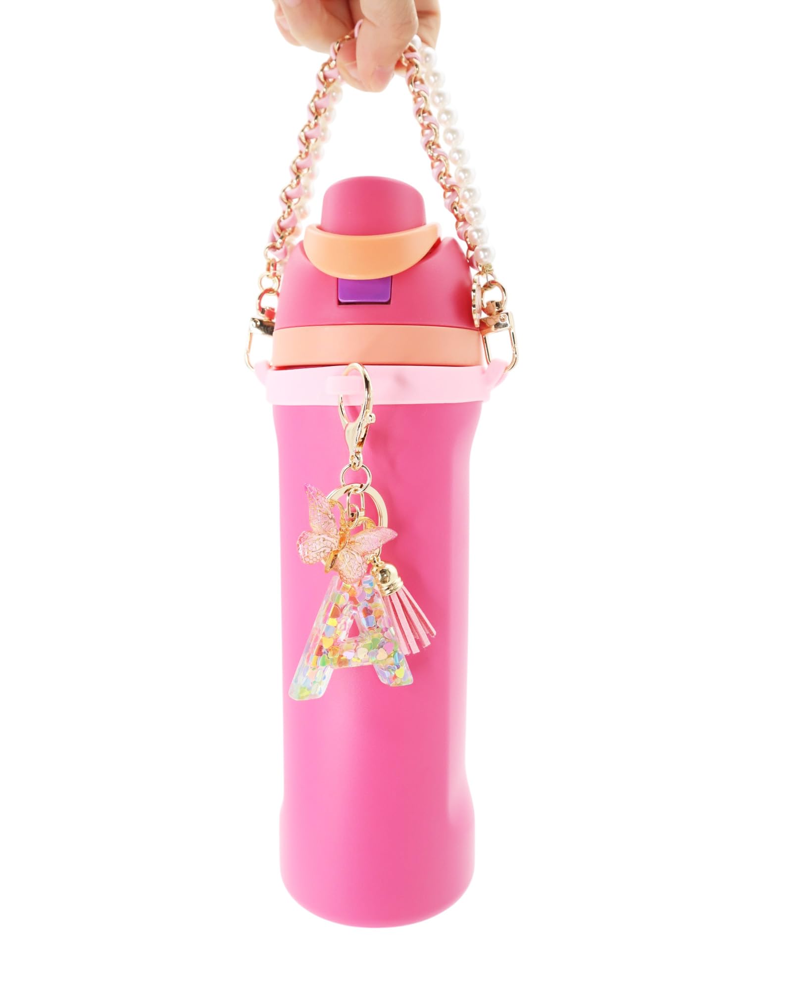 TOVICE Accesorios de letras para botella de agua Owala de 24 a 40 onzas, 3 llaveros con inicial y correa de asa para botella de agua con un soporte de anillo de silicona elástico grueso