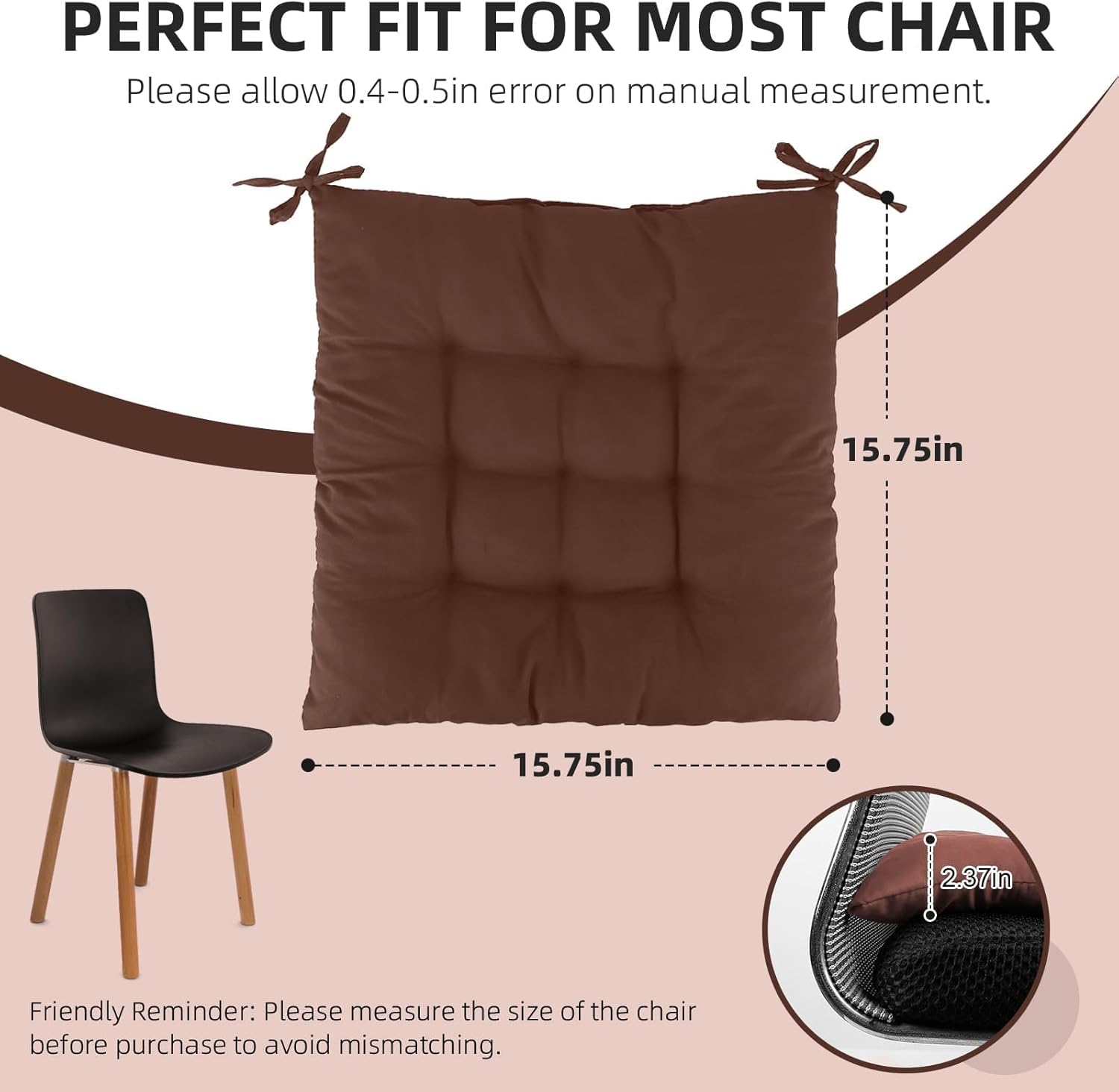 TeqHome 4 Pcs Chair Cushion, Chair Pads Seat Cushions Set of 4, Non Slip Memory Foam Tufted Square Seat Cushion with Ties,Ultra Soft Chair Cushions for Dining Kitchen Office Chairs (Brown)