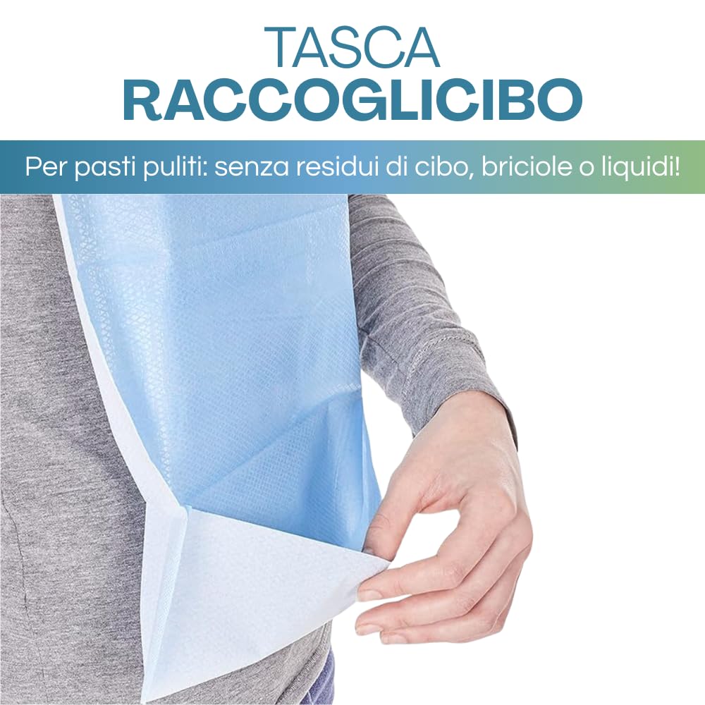 VIRSUS 100 Bavagli monouso impermeabili per Adulti e Anziani, misura 37x68 cm di colore azzurro, in polietilene e cellulosa con colletto anti-strappo rinforzato e tasca raccogli cibo