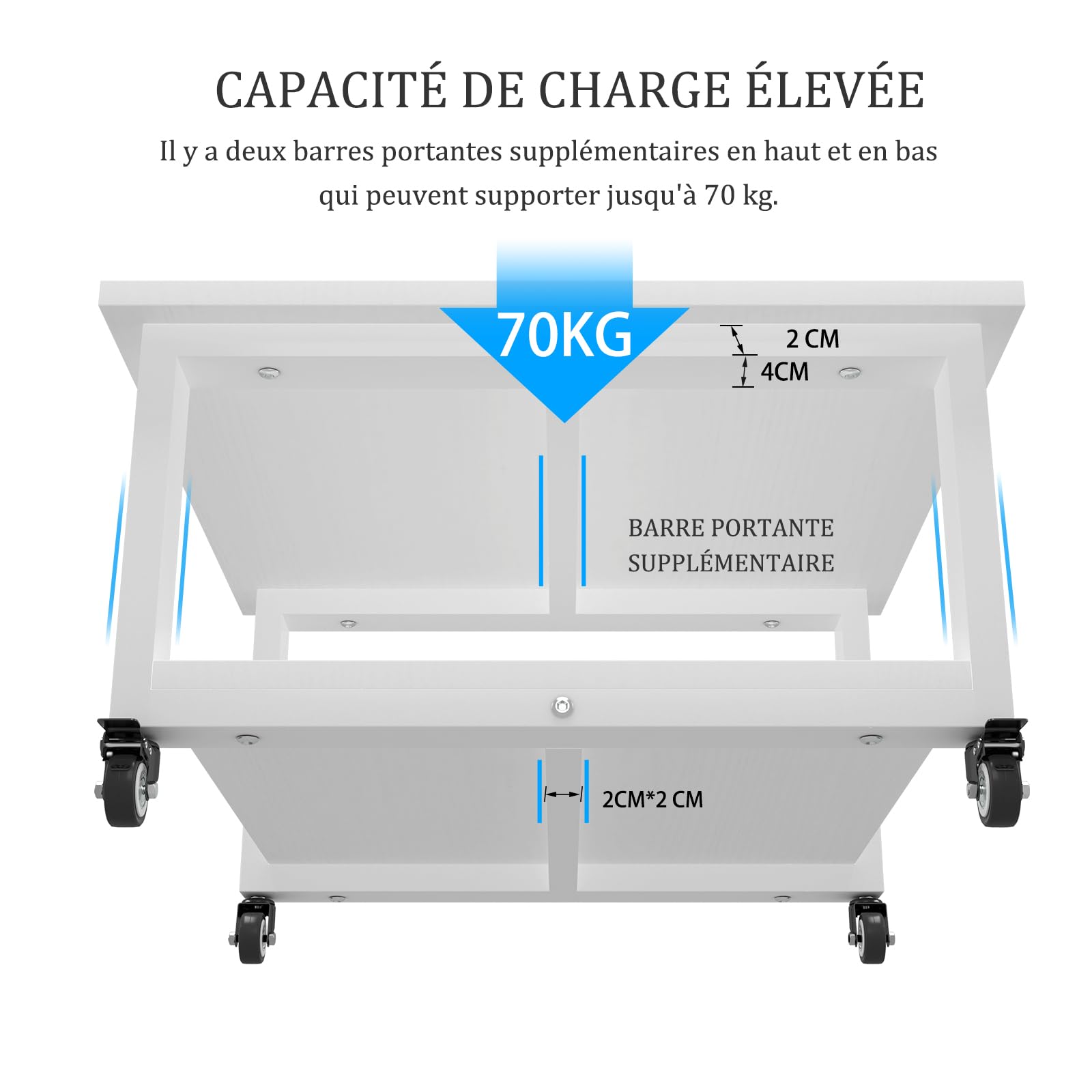 PUNCIA Support d’Imprimante à 2 Niveaux Meuble Imprimante Table Roulante | Robuste Chariot Mobile sous la Table avec Roulettes Étagère de Rangement Organisateur de Stockage pour Maison Bureau (Blanc)