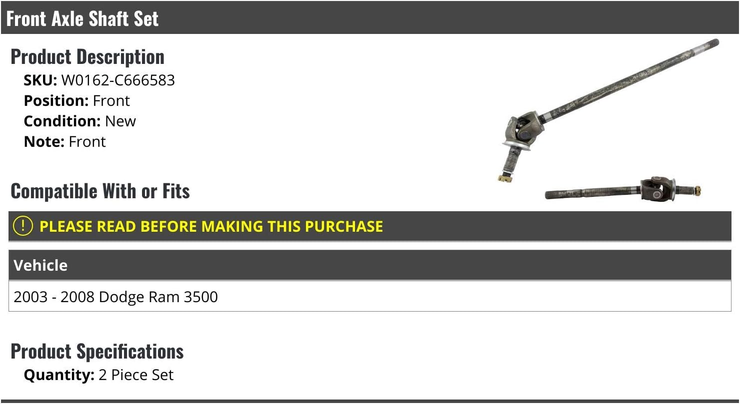 Marketplace Auto Parts Front Axle Shaft - Set of 2 - Compatible with 2003-2008 Dodge Ram 3500