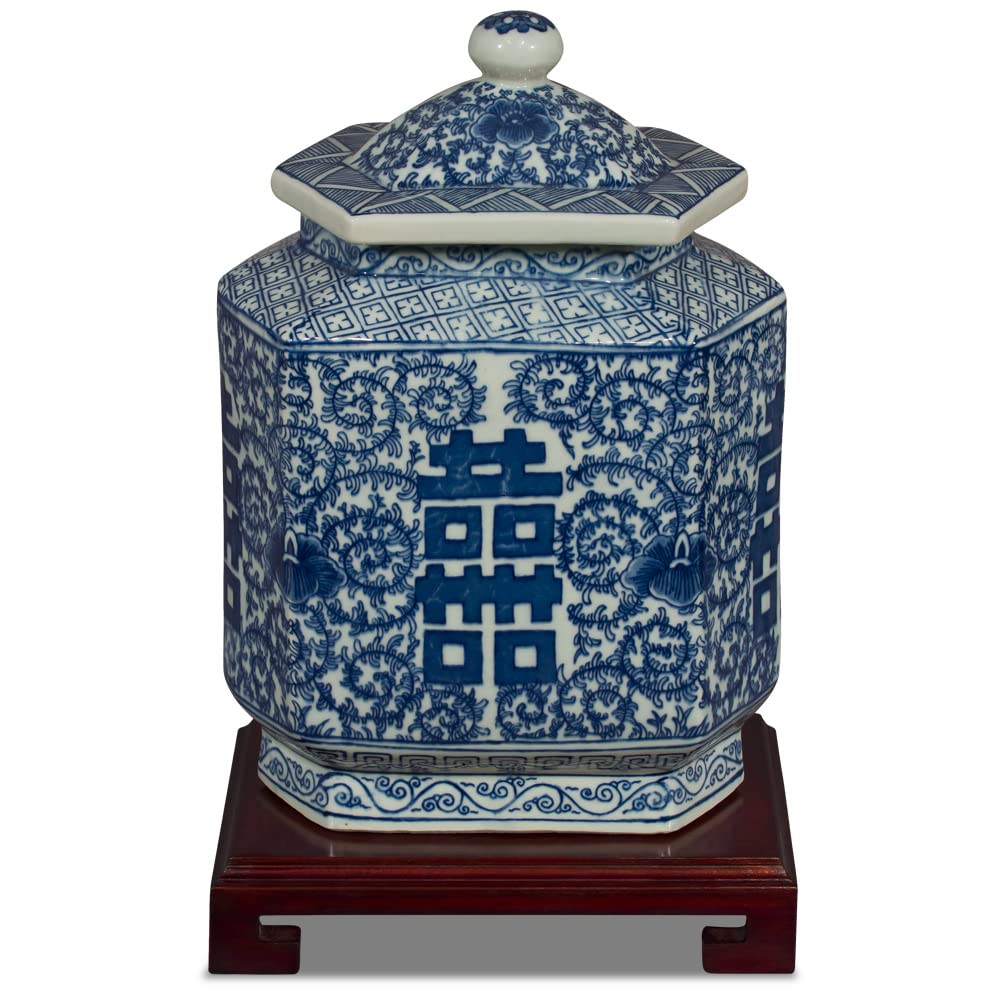 ChinaFurnitureOnline Chinese Porcelain Tea Jar, Blue and White Double Happiness Motif