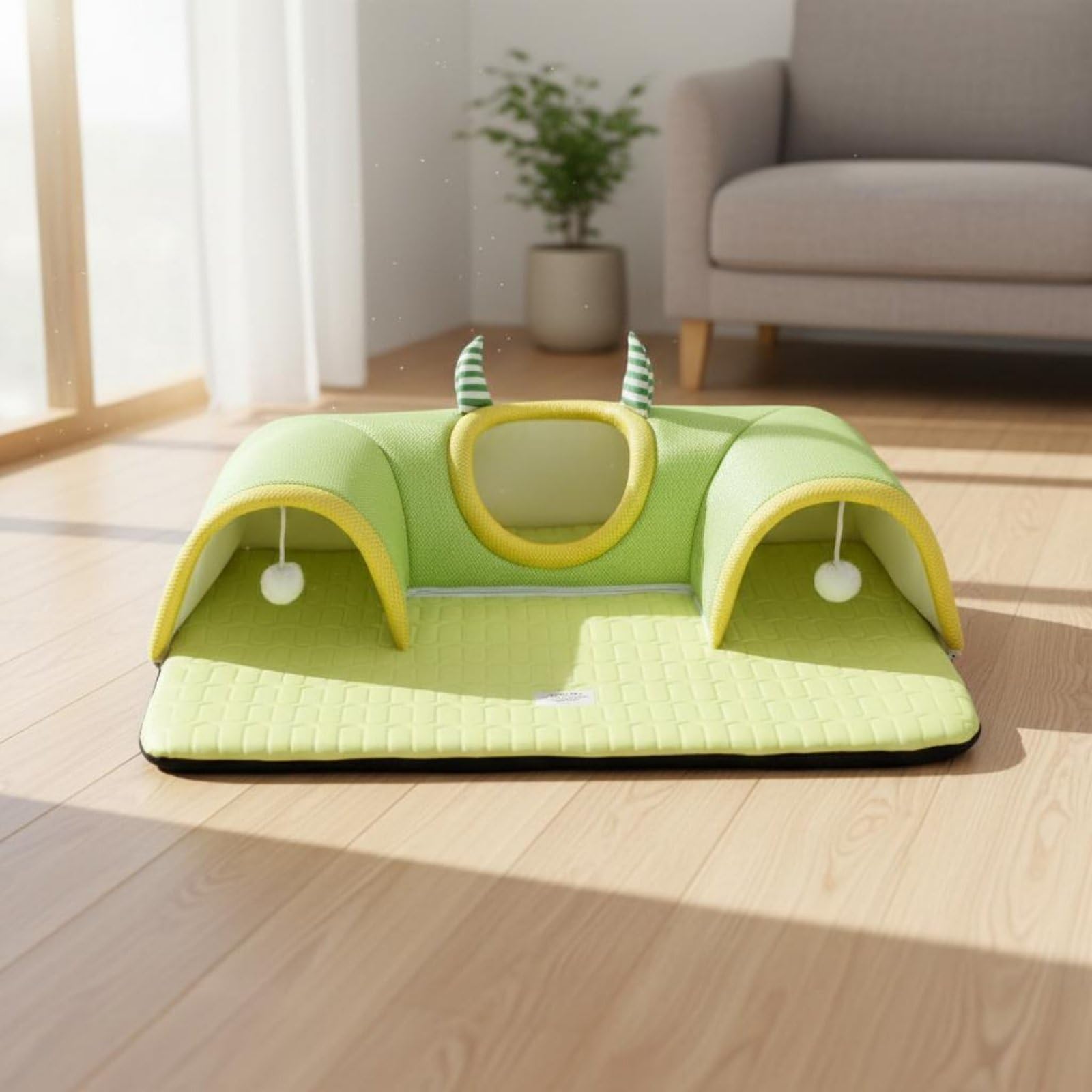 Lit Tunnel pour Chat Lit Tapis Panier Tunnel Monstre 3 en 1 Matelas Respirant Maille Éponge Jouets Suspendus Ouverture Large Base Antidérapante, Bleu, Grands Yeux
