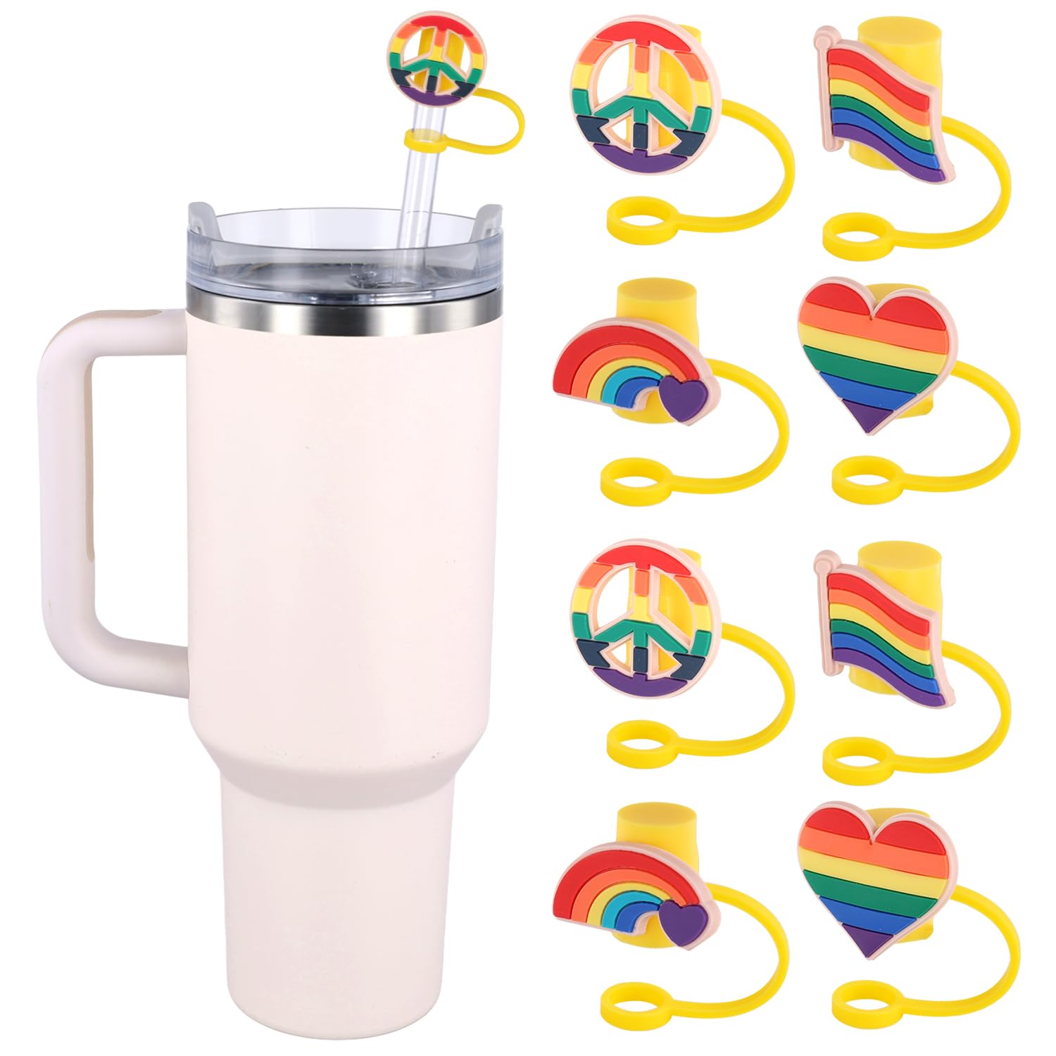 8pcs Rainbow Straw Toppers for Stanley Cup, 4 Styles Silicone Plug Rainbow Straw Lid Covers Reusable Straw Tips Stoppers Colorful Straw Top Cap Parts