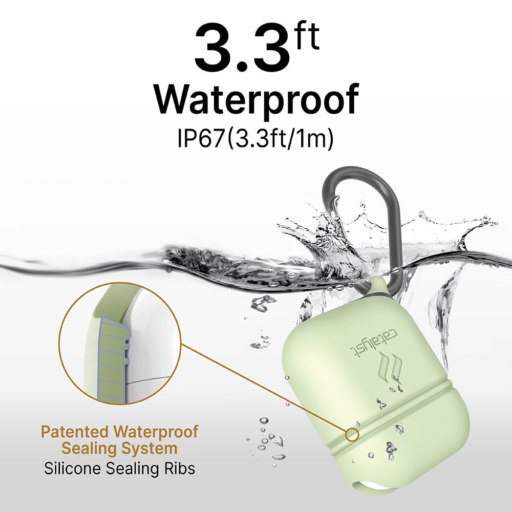 Catalyst - Cover Impermeabile e Antiurto per AirPods 1 e 2 con moschettone di alta qualità, ricarica wireless compatibile, custodia protettiva, alta protezione contro le cadute - Fosforescente