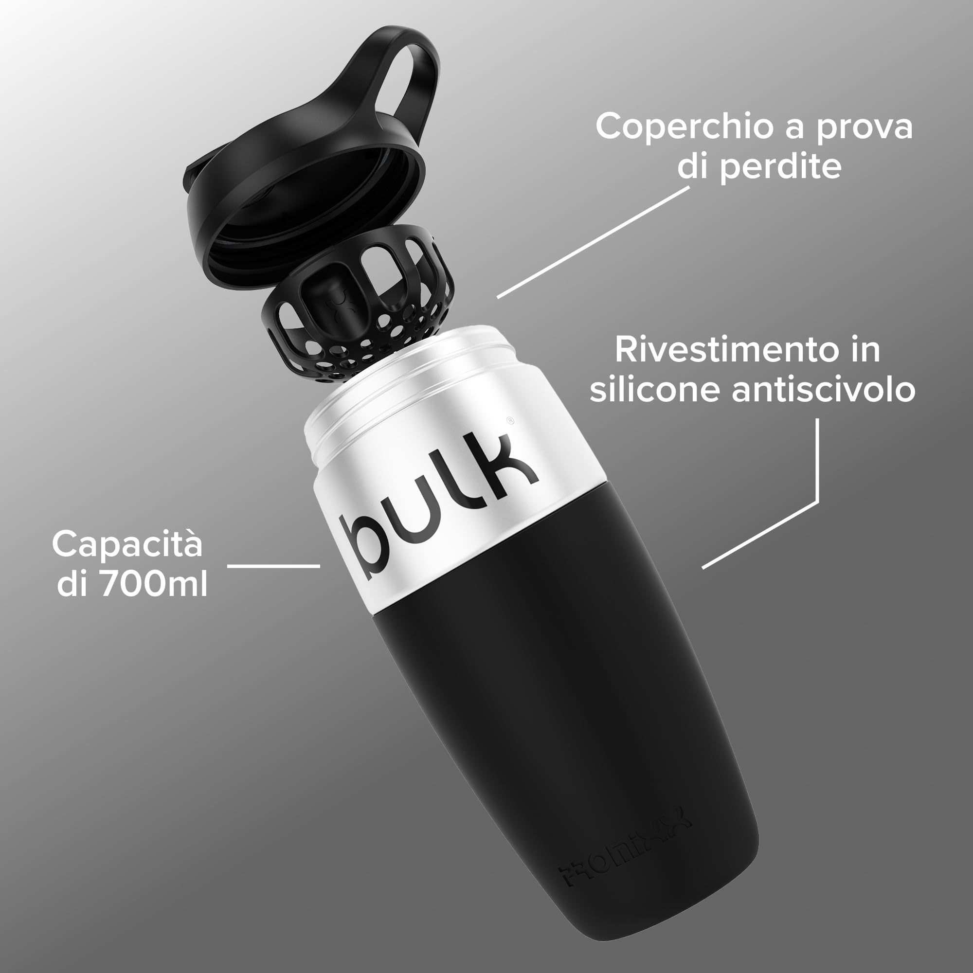 Bulk x Promixx Shaker Acciaio Inox | Nero | 700ml | Design Robusto & Antiperdita | Agitatore Snap-Fit per Mix Perfetti | Rivestimento Antiscivolo | Lunga Durata