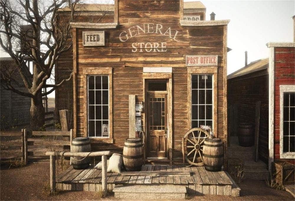 AOFOTO 7x5ft Vintage Wild West Store Backdrop Retro Western Wooden House Photography Background Countryside Rural Old Wood Casks Photo Studio Props