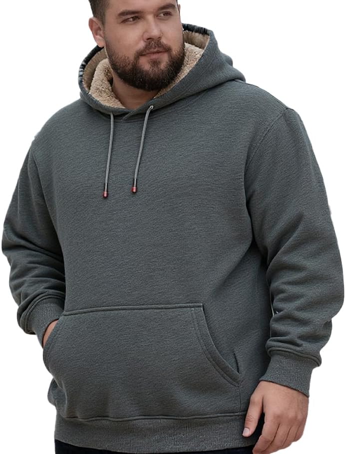 Men's Sherpa Hoodie Big and Tall Men Fleece Pullover Hoodie Thick HoodiesHeavyweight Winter Hooded Sweatshirt with Kangaroo Pocket Grey