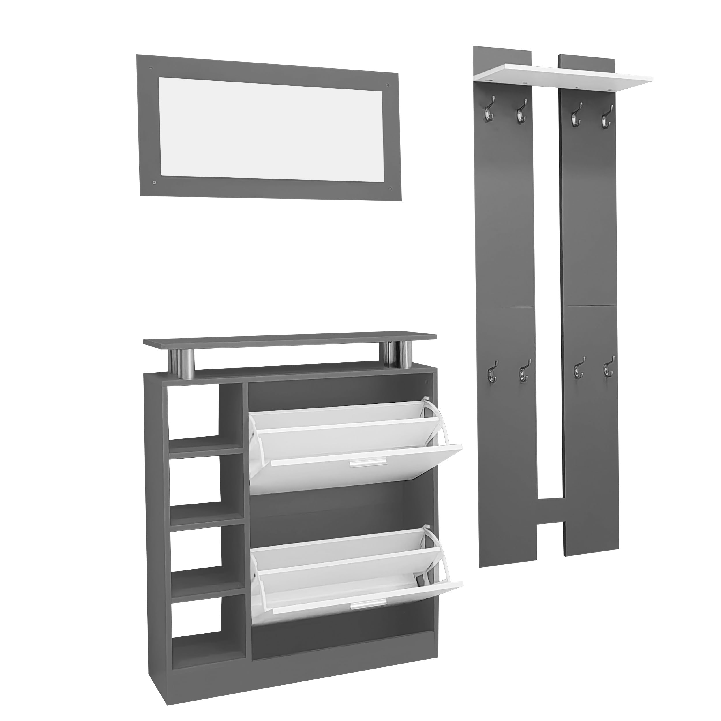 Merax Garderoben-Set 3-teilig, Flur Garderoben Komplettprogramme mit Schuhschrank, Wandspiegel, Garderobenpaneele, Grau & Weiß