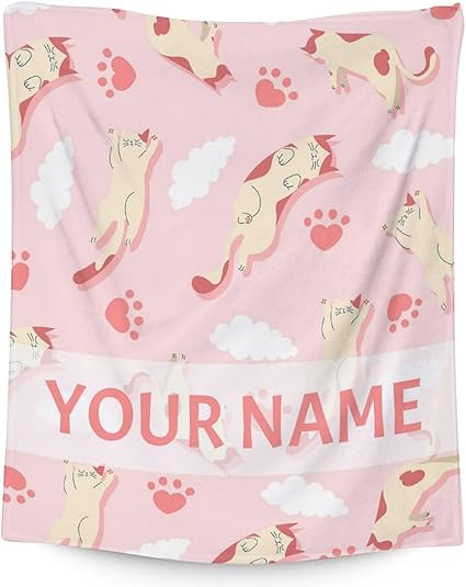 Personalized Cat Blanket Gifts with Name - 50"x60" Cute Throw for Kids & Adults - Pink Soft Fuzzy Blankets for Bed, Couch & Living Room